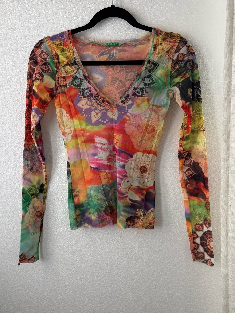 Floral Colorful Sheer Mesh Long Sleeve Top XS